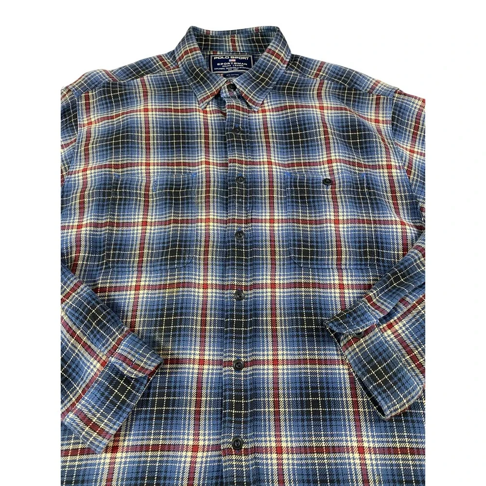 VTG Polo Sport Sportsman Ralph Lauren Blue Plaid Flannel Shirt  XXL Heavy Cotton